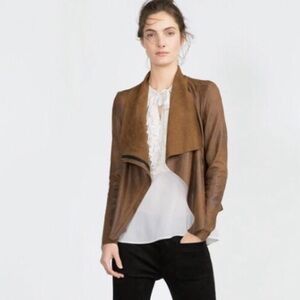 Zara Asymmetrical Waterfall Vegan Leather Suede Zip Jacket XS Brown MobWife